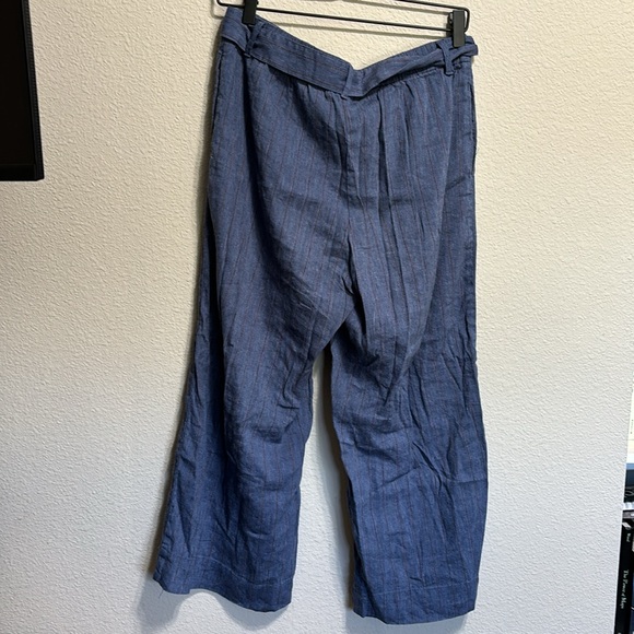 J Jill Linen Stretch Blue Denim pinstriped orange Small waist tie paperbag pants - Picture 7 of 8